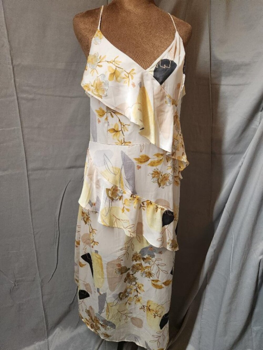 NWT Vestique 5th Ave Midi Floral Satin Ruffle Dress Sz Lg MSRP $56